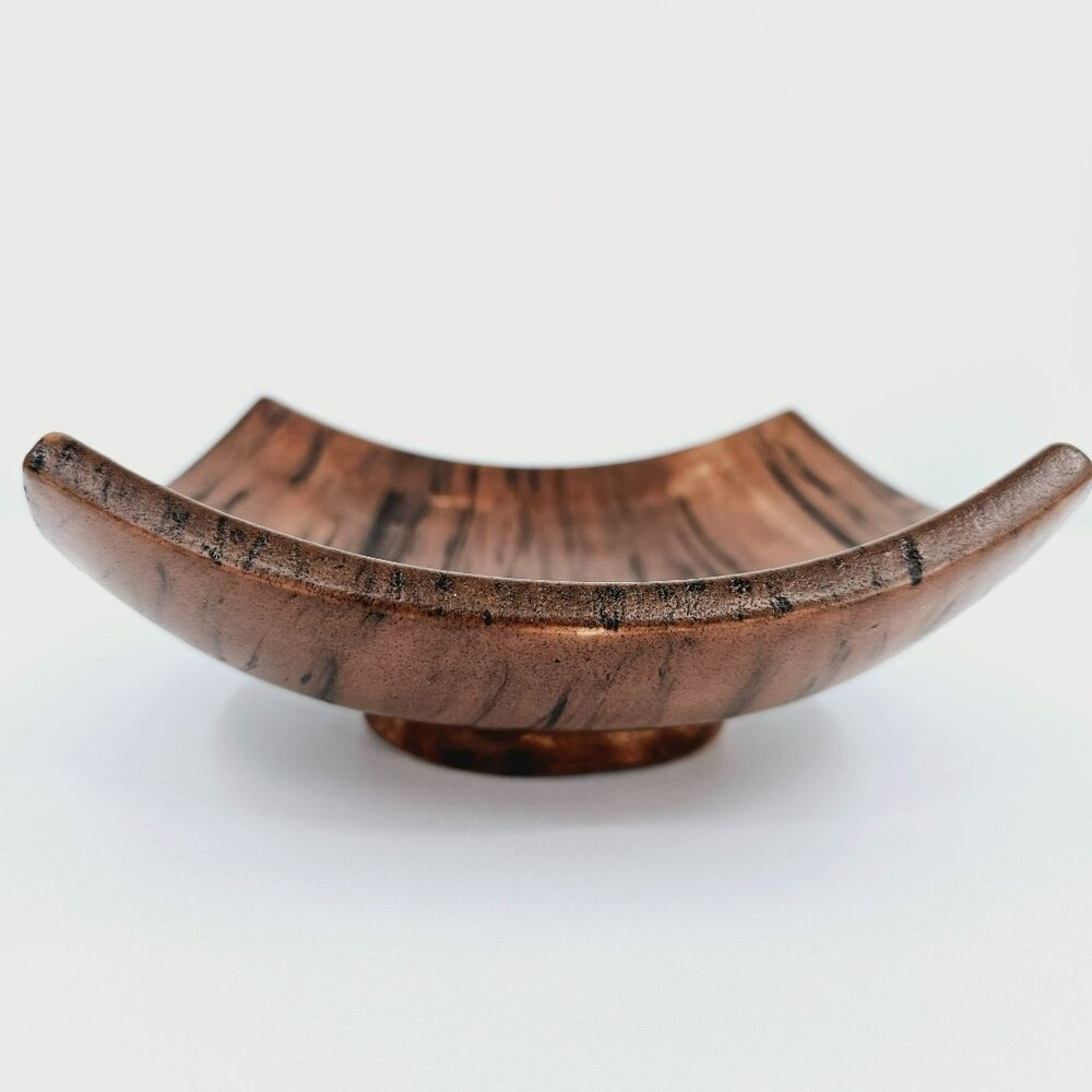 Vintage 1980s Pottery Dish Bowl Tray Artist Signed Brown Wood Look Curved IF 87